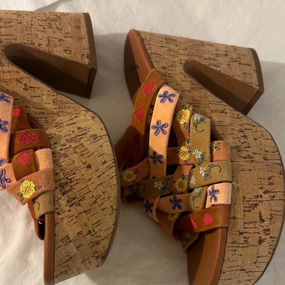 Free People Slip on Cork Platform Multicolored Embroidered Sandals size 39